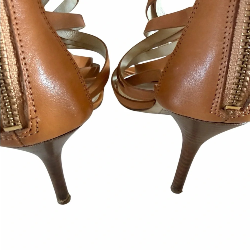 Michael Kors Brown Leather Strappy Stiletto Heels Sandals Size 10 Buckle Zip